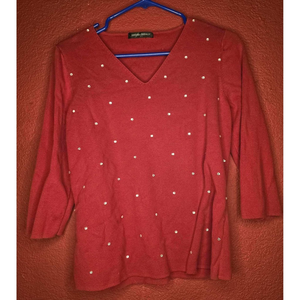 Red Embellished Knit Top 3/4 Sleeve V-Neck Sparkly Casual‎ Designer Original
